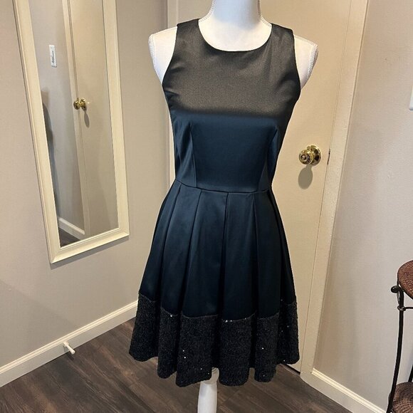 Taylor Black Fit and Flare Cocktail Dress with Sequined Bottom, Size 2 - Picture 1 of 15